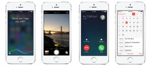 iOS 7.1的功能更新,左一:Siri功能,只要按著Home鍵說話代表正在下達命令,鬆開即可停止;左二:自動在iPhone 5S上啟用HDR功能。右二:iOS 7.1的新介面。右一:新的行事曆活動呈現方式。